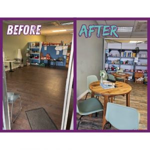 - Room Transformation ("Before and After"): Side-by-side images show room’s transformation from sparse and utilitarian on the left to warm and welcoming, with round tables, flowers, and organized shelves on the right.